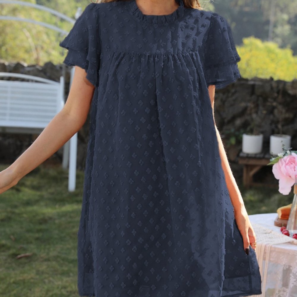 Swiss Dot Round Neck Flutter Sleeve Dress - Navy